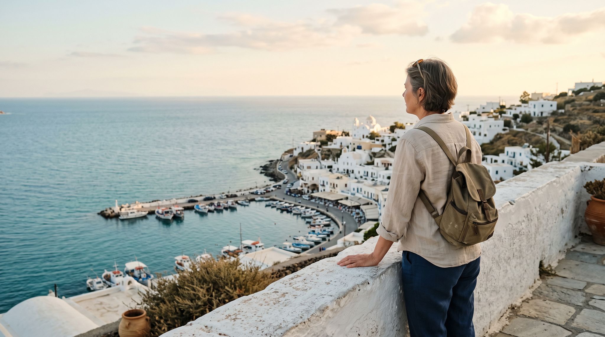 A solo traveller looking out over a Mediterranean bay at sunset