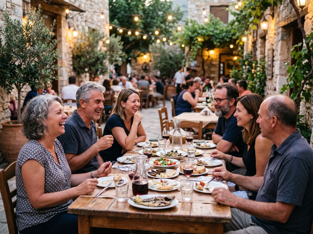 A small group of solo travellers sharing dinner on a terrace