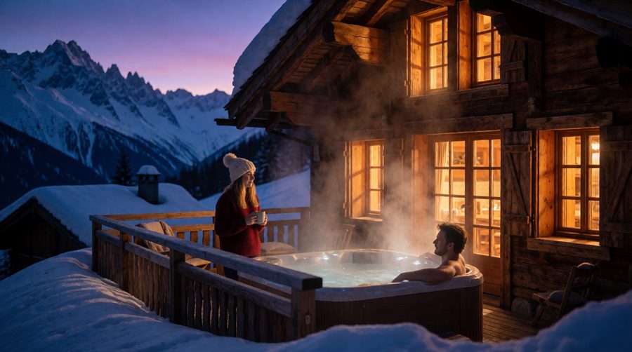 Each chalet has a hot tub or pool for after a day on the slopes