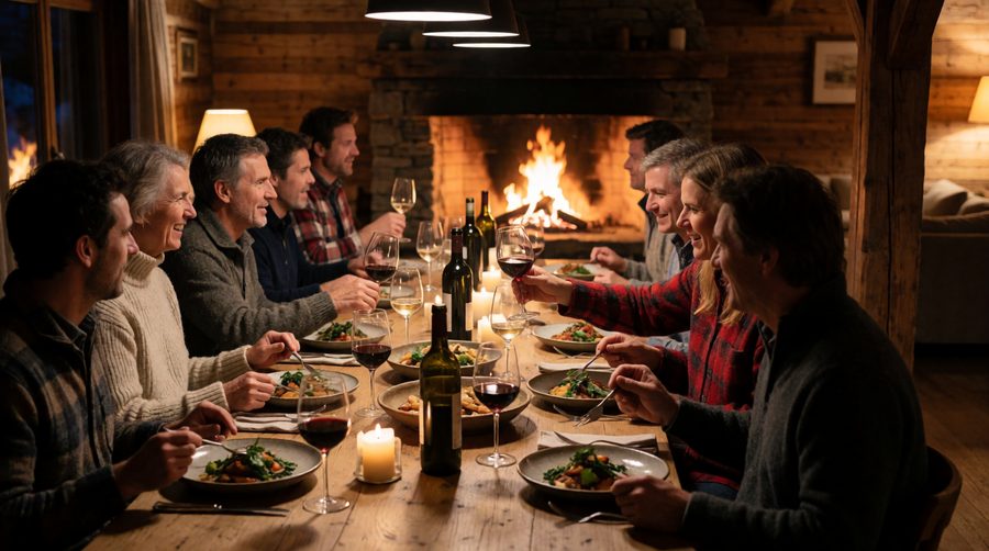 Shared chalet dinners are where solo skiers get to know each other