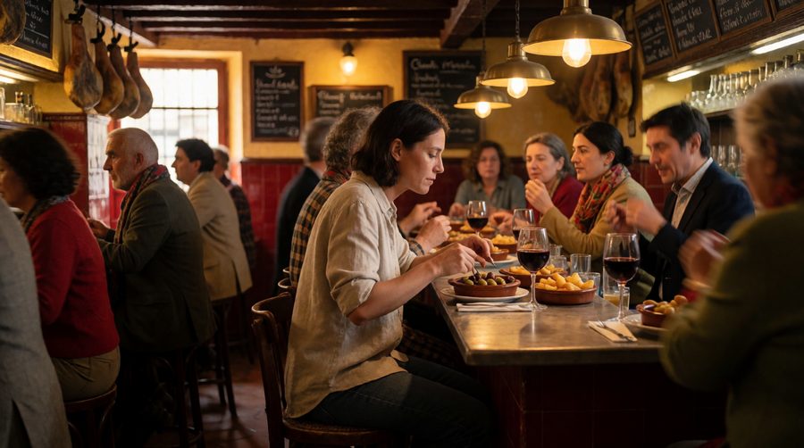 A seat at the tapas bar counter makes dining alone feel sociable rather than awkward