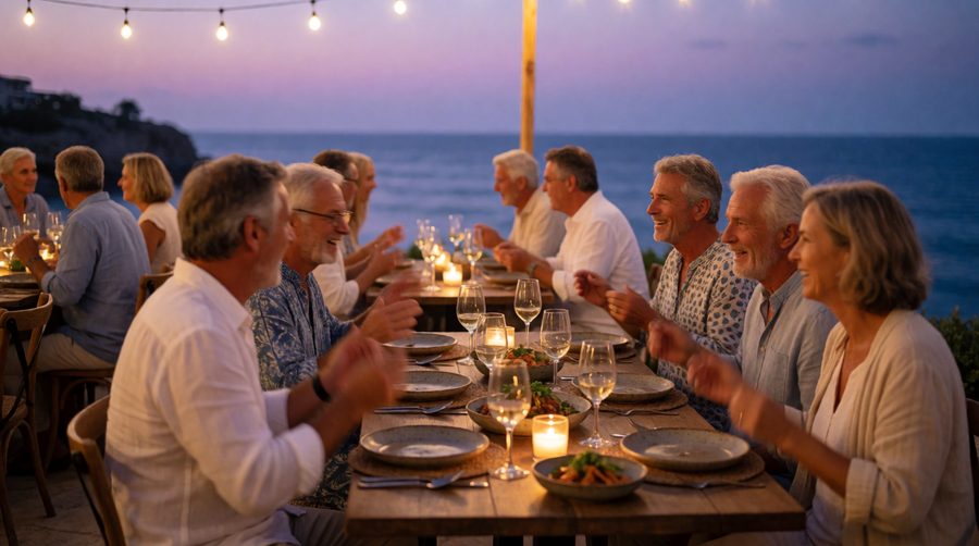 Shared dinners on hosted singles holidays are where most solo guests make friends